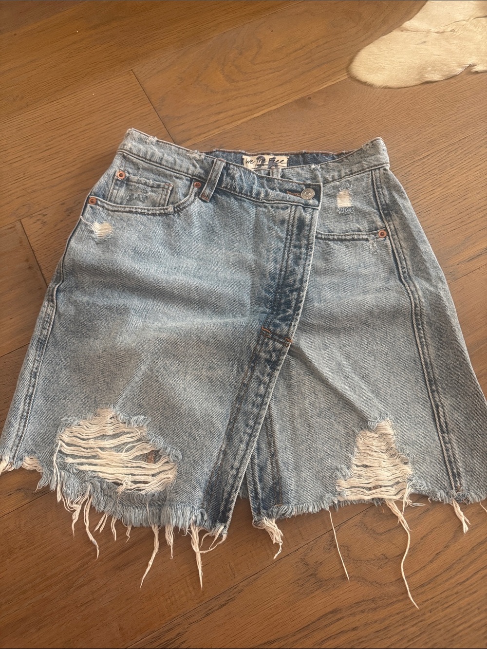 Free People Light Wash Distressed Denim Skirt